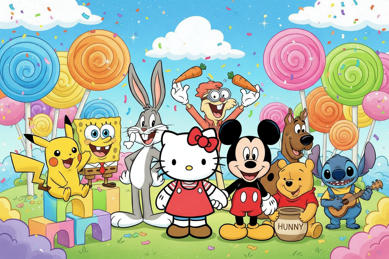 je voudrais une photo avec des personnages de dessin animé comme hello kitty mickey mouse pikachu 