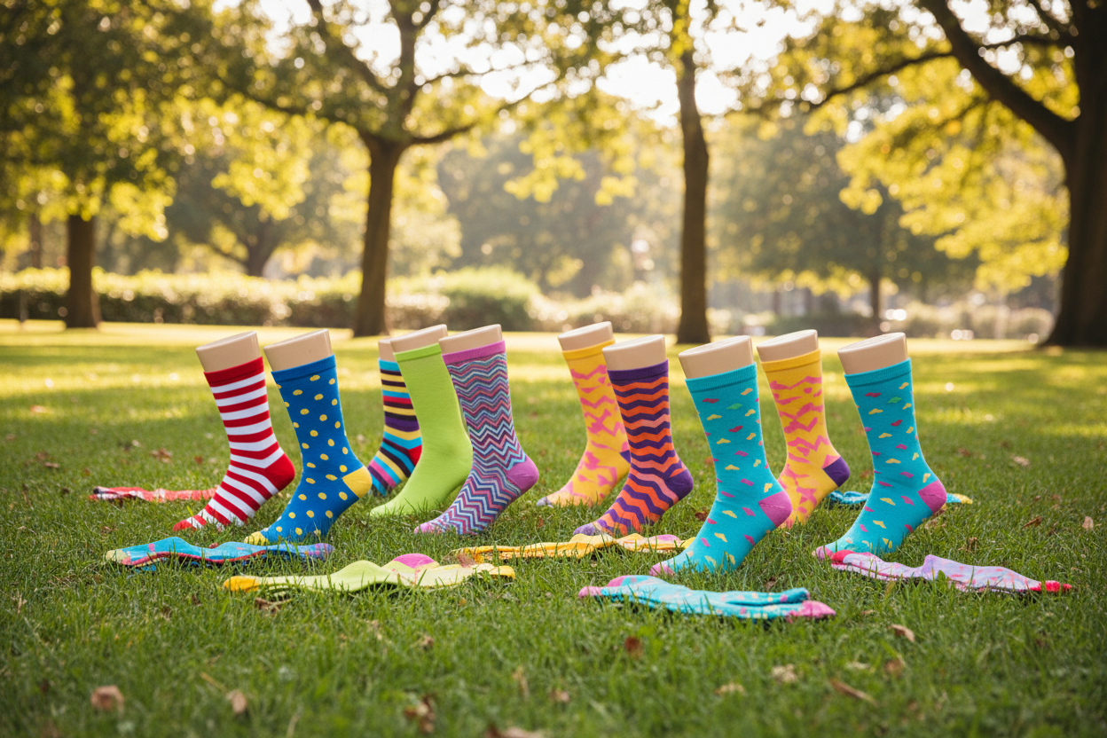 PHOTO AVEC PLUSIEURS CHAUSETTES COLORE AVEC FOND EXTERIEUR DANS UN PARC